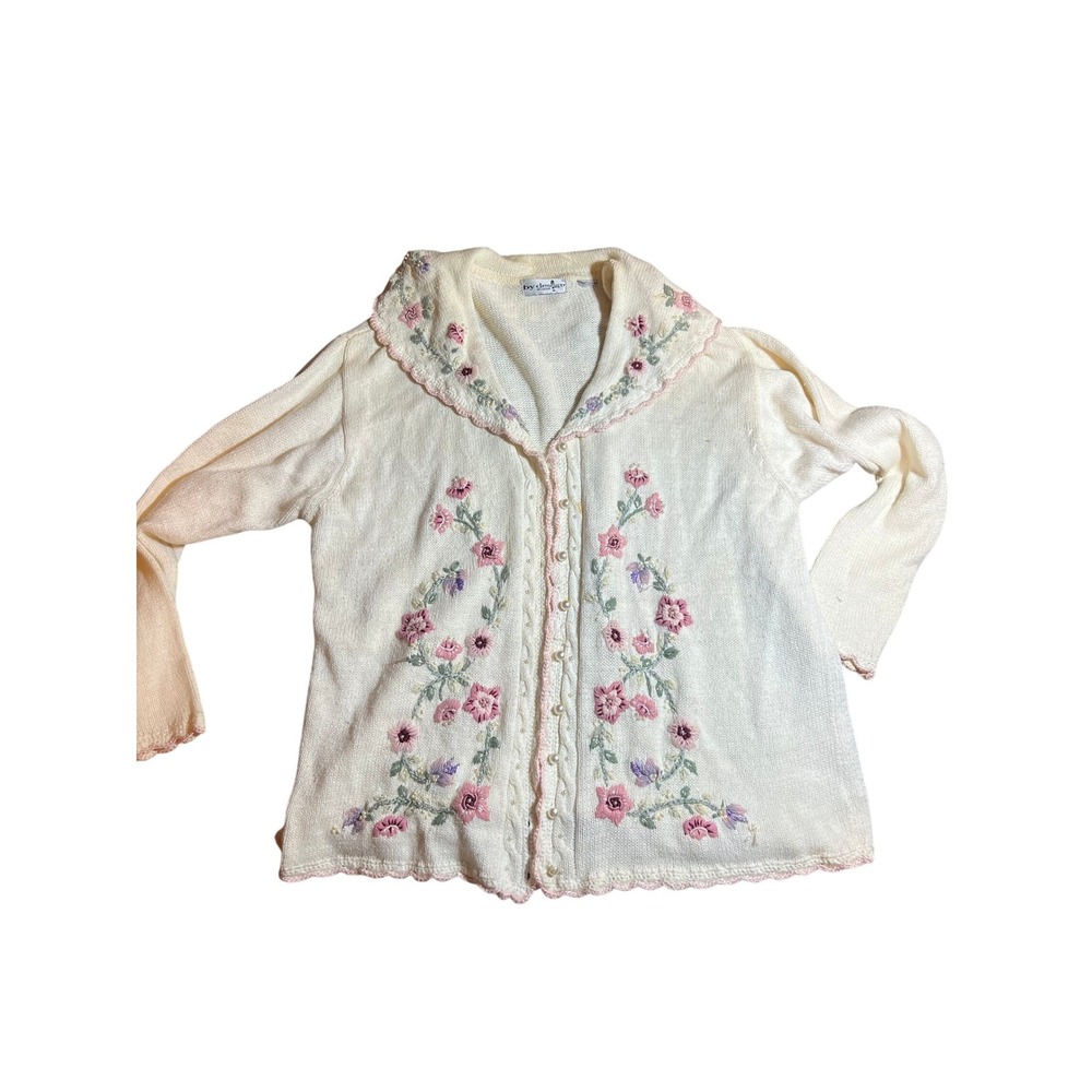 Vintage By Design Woman Embroidered Floral Cardigan Cream Button Front Collar‎